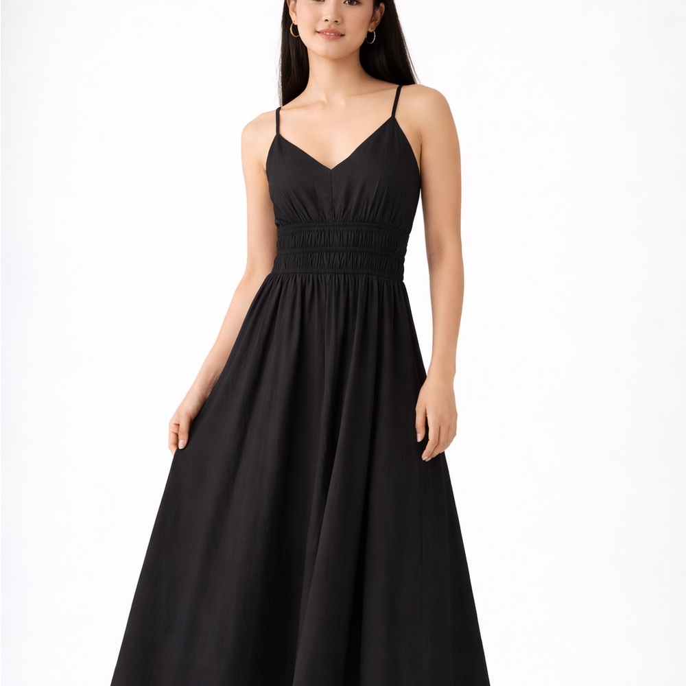 Black Smocked Midi Dress with Spaghetti Straps